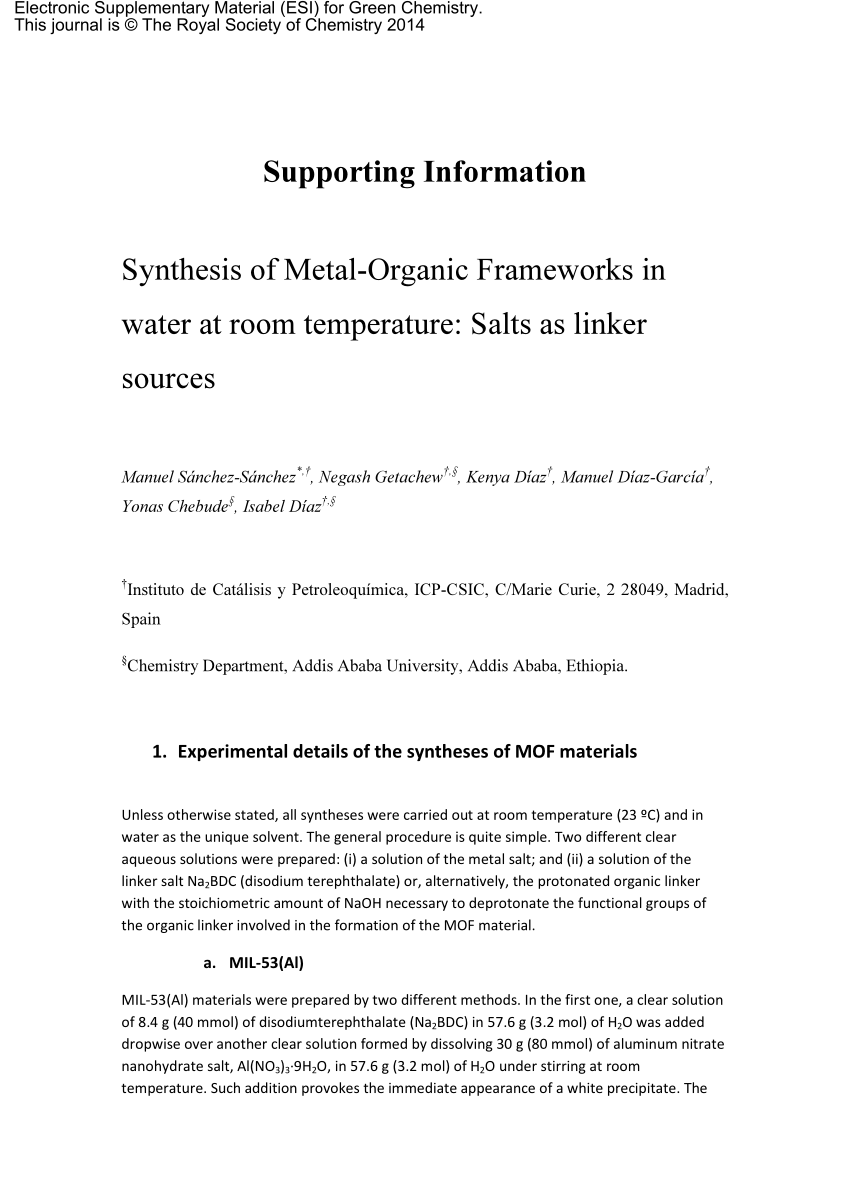 Pdf Synthesis Of Metal Organic Frameworks In Water At Room