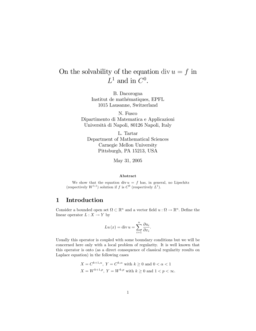 Pdf On The Solvability Of The Equation Divu F In L 1 And In C 0