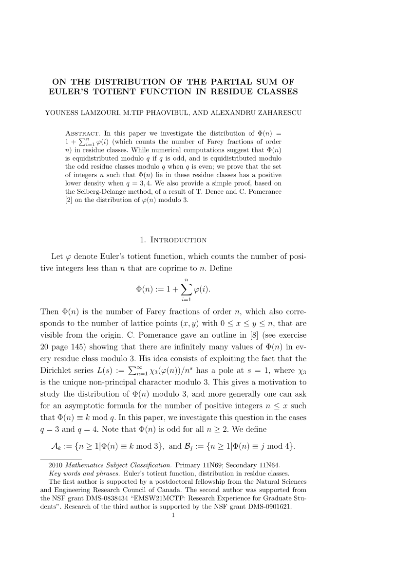 Pdf On The Distribution Of The Partial Sum Of Euler S Totient Function In Residue Classes