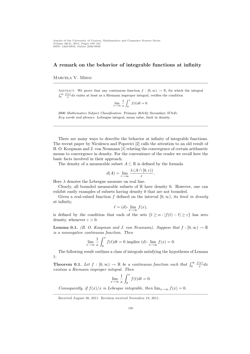 Pdf A Remark On The Behavior Of Integrable Functions At Infinity