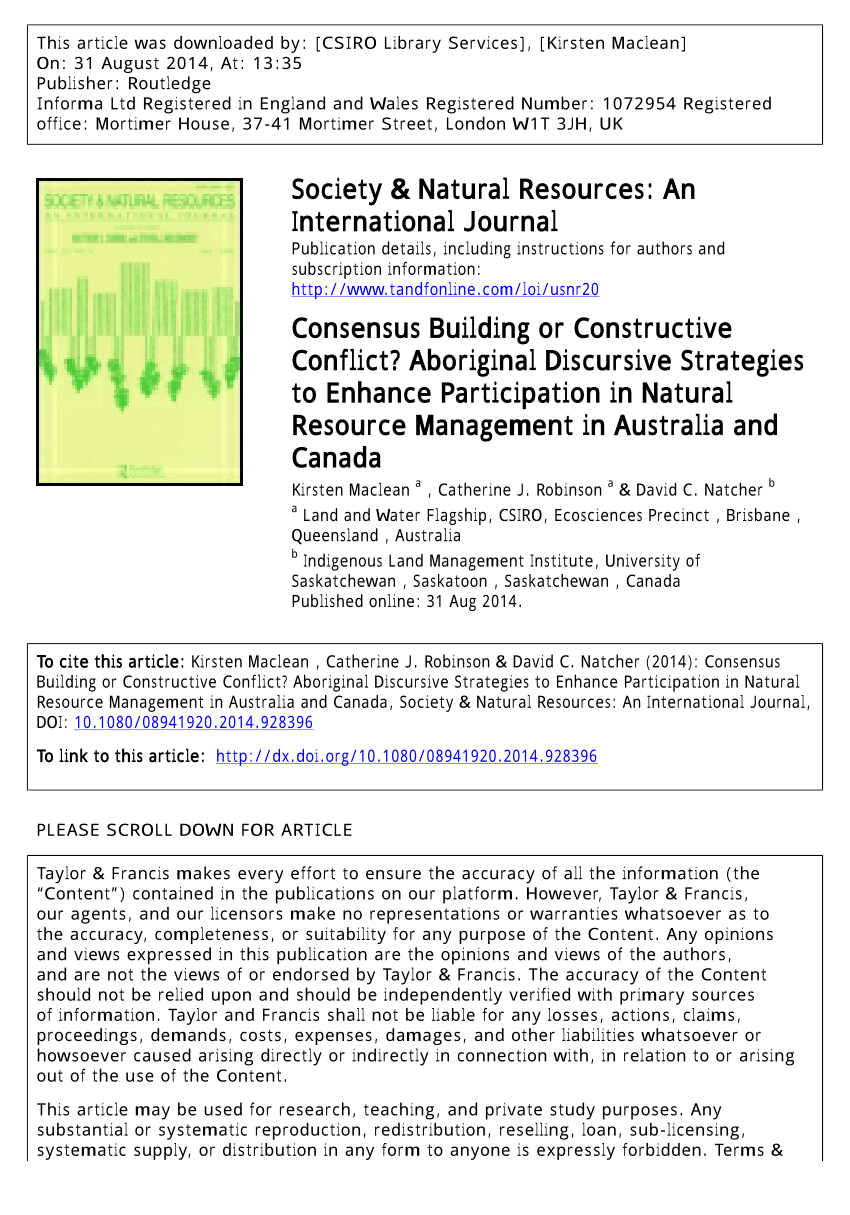 Pdf Consensus Building Or Constructive Conflict Aboriginal Discursive Strategies To Enhance Participation In Natural Resource Management In Australia And Canada