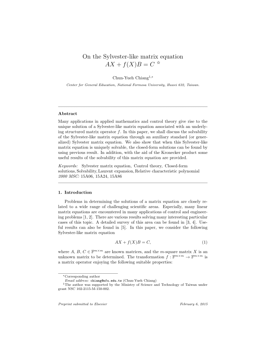 Pdf On The Solutions Of The Linear Matrix Equations Ax F X B C