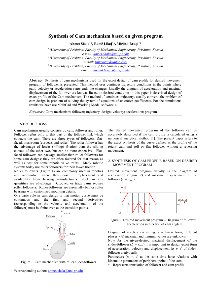 (PDF) Synthesis of Cam Mechanism Based on Given Program