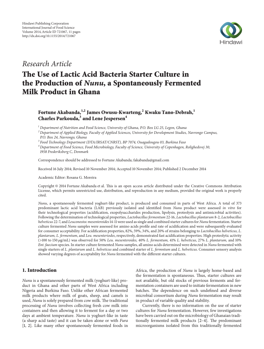 Pdf The Use Of Lactic Acid Bacteria Starter Culture In The Production Of Nunu A Spontaneously Fermented Milk Product In Ghana