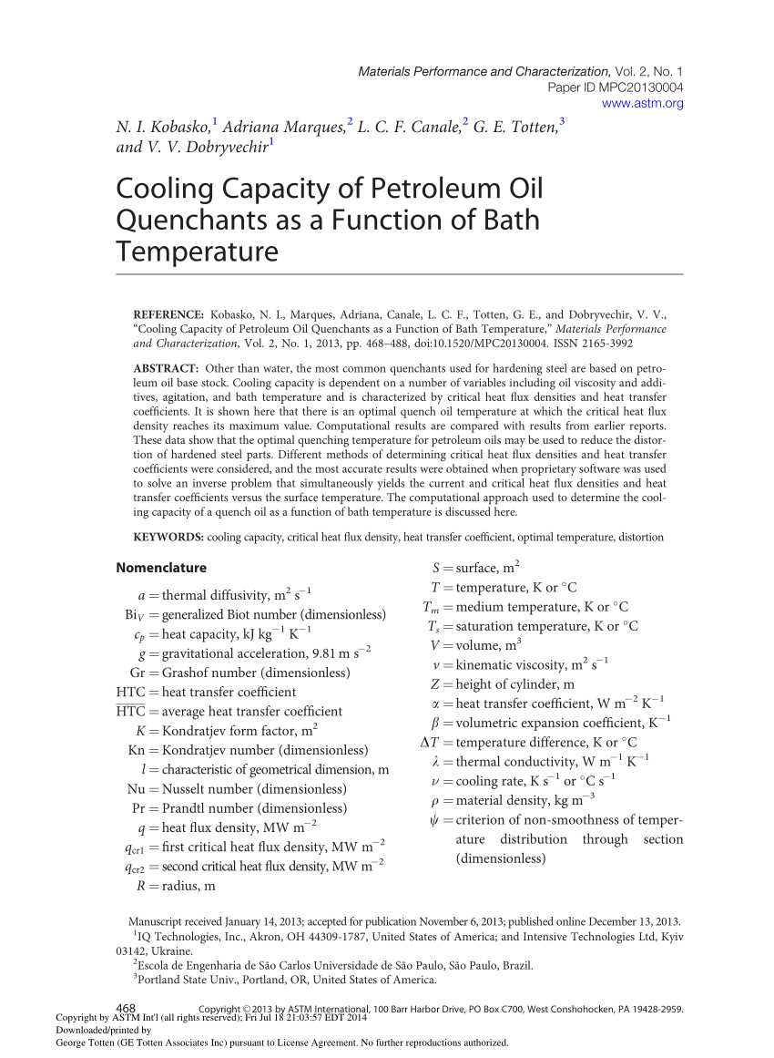 Pdf Cooling Capacity Of Petroleum Oil Quenchants As A Function Of Bath Temperature