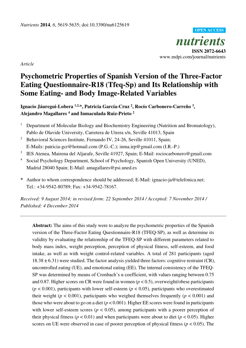Pdf Psychometric Properties Of Spanish Version Of The Three Factor Eating Questionnaire R18 Tfeq Sp And Its Relationship With Some Eating And Body Image Related Variables