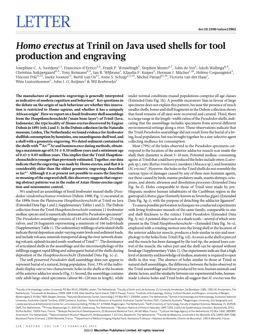Pdf Homo Erectus At Trinil On Java Used Shells For Tool Production And Engraving