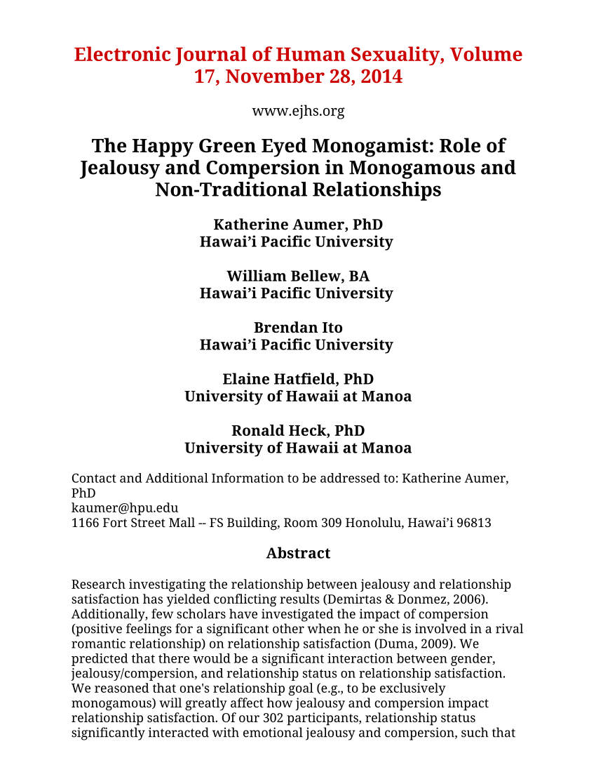 PDF) The Happy Green Eyed Monogamist Role of Jealousy and Compersion in Monogamous and Non-Traditional Relationships
