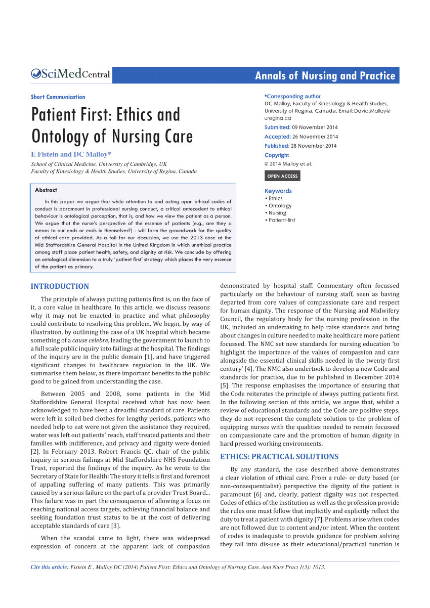 Pdf Patient First Ethics And Ontology Of Nursing Care