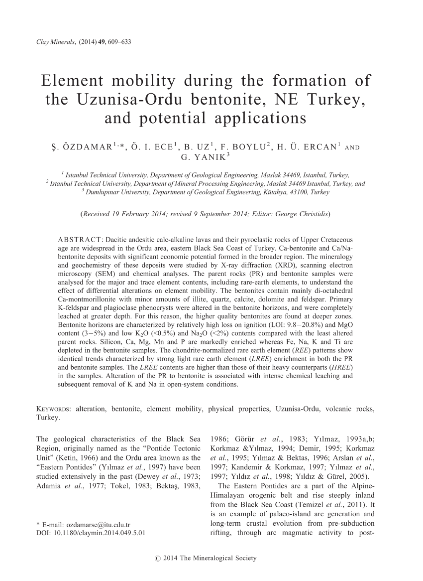 Pdf Element Mobility During The Formation Of The Uzunisa Ordu Bentonite Ne Turkey And Potential Applications