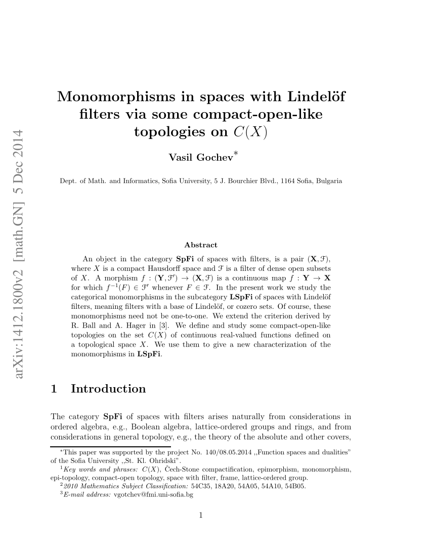Pdf Monomorphisms In Spaces With Lindel Of Filters Via Some Compact Open Like Topologies On C X