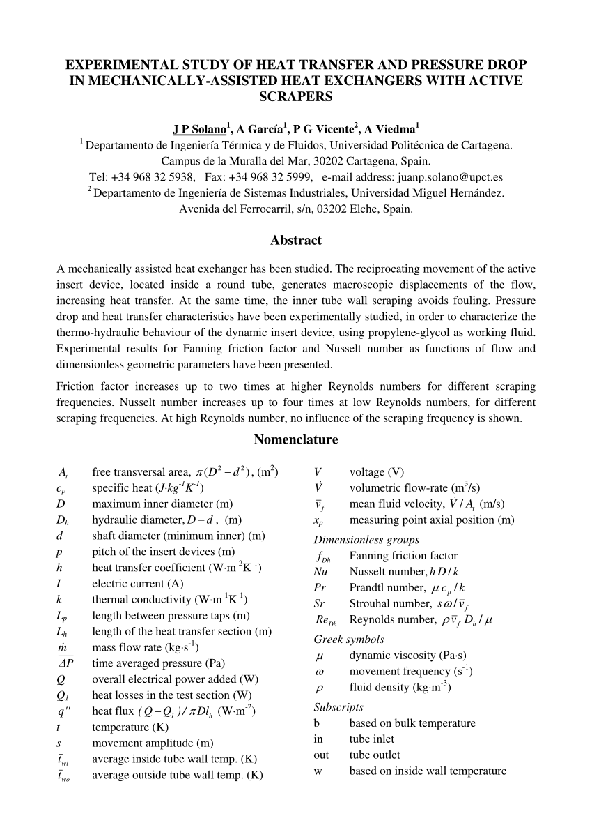 Pdf Experimental Study Of Heat Transfer And Pressure Drop In Mechanically Assisted Heat Exchangers With Active Scrapers