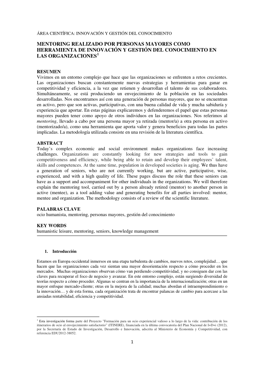 Pdf Mentoring Realizado Por Personas Mayores Como Herramienta De Innovacion Y Gestion Del Conocimiento En Las Organizaciones