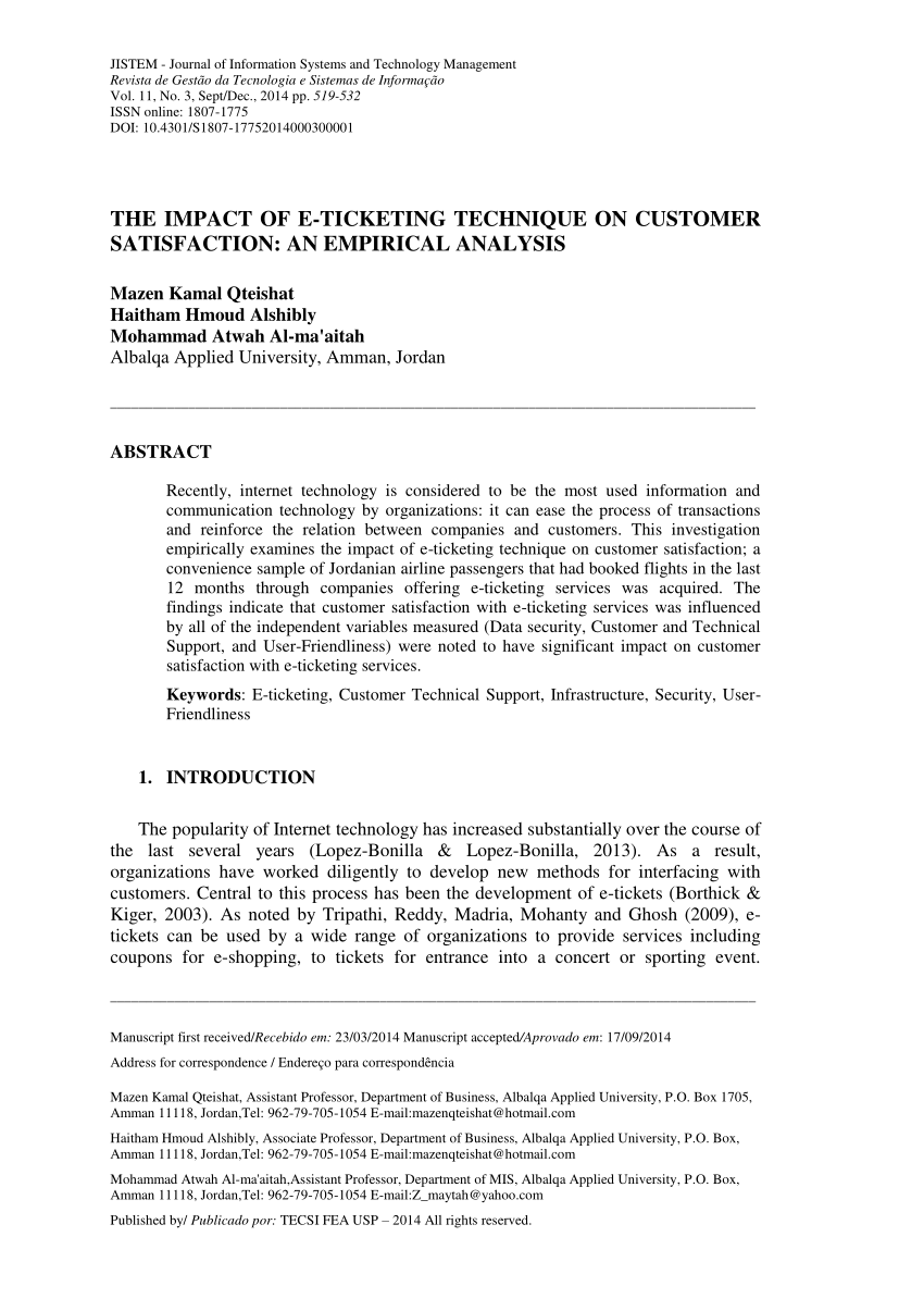 Pdf The Impact Of E Ticketing Technique On Customer