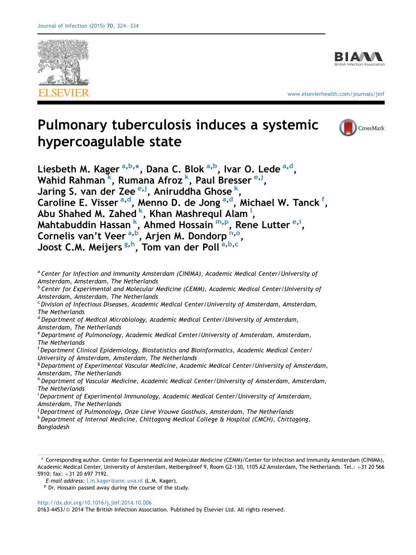 Pdf Pulmonary Tuberculosis Induces A Systemic Hypercoagulable State