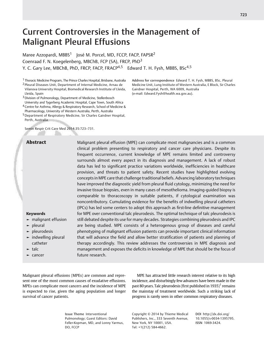 PDF) Indwelling Pleural Catheters for Malignant Pleural Effusion: A Time  for Action