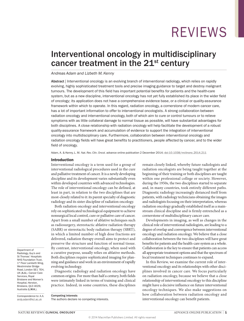 Pdf Interventional Oncology In Multidisciplinary Cancer Treatment In