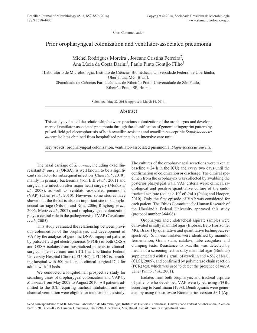 Pdf Prior Oropharyngeal Colonization And Ventilator Associated Pneumonia