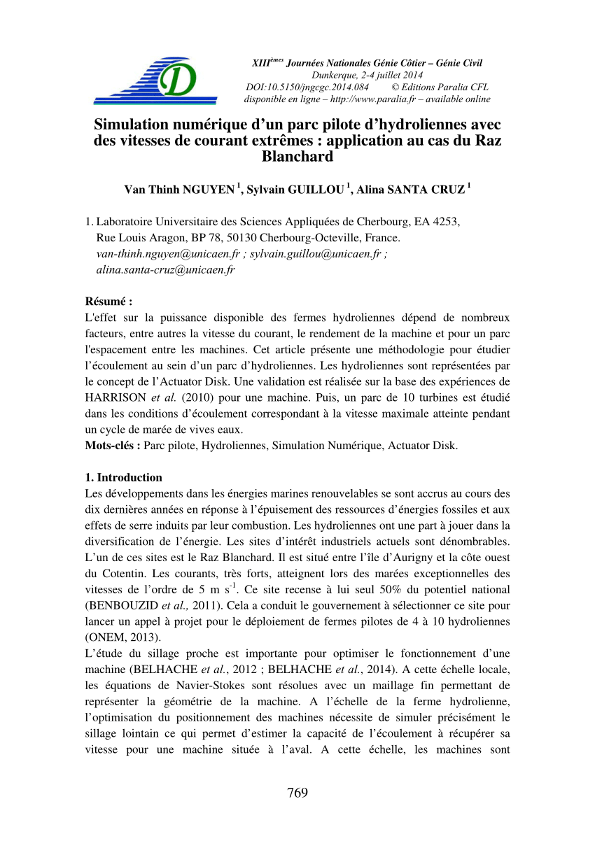 Pdf Simulation Numerique D Un Parc Pilote D Hydroliennes Avec Des Vitesses De Courant Extremes Application Au Cas Du Raz Blanchard