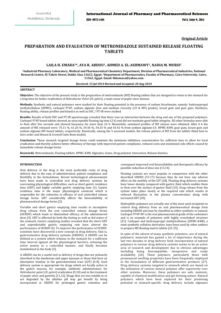 Pdf Preparation And Evaluation Of Metronidazole Sustained Release Floating Tablets