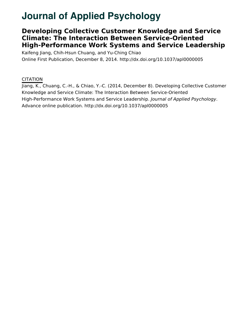 Pdf Developing Collective Customer Knowledge And Service Climate The Interaction Between Service Oriented High Performance Work Systems And Service Leadership