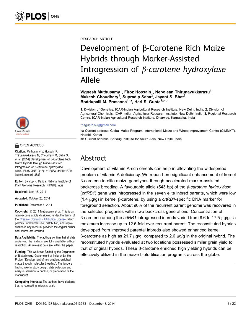 Pdf Development Of B Carotene Rich Maize Hybrids Through Marker Assisted Introgression Of B Carotene Hydroxylase Allele