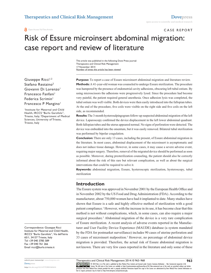 Pdf Risk Of Essure Microinsert Abdominal Migration Case Report And Review Of Literature