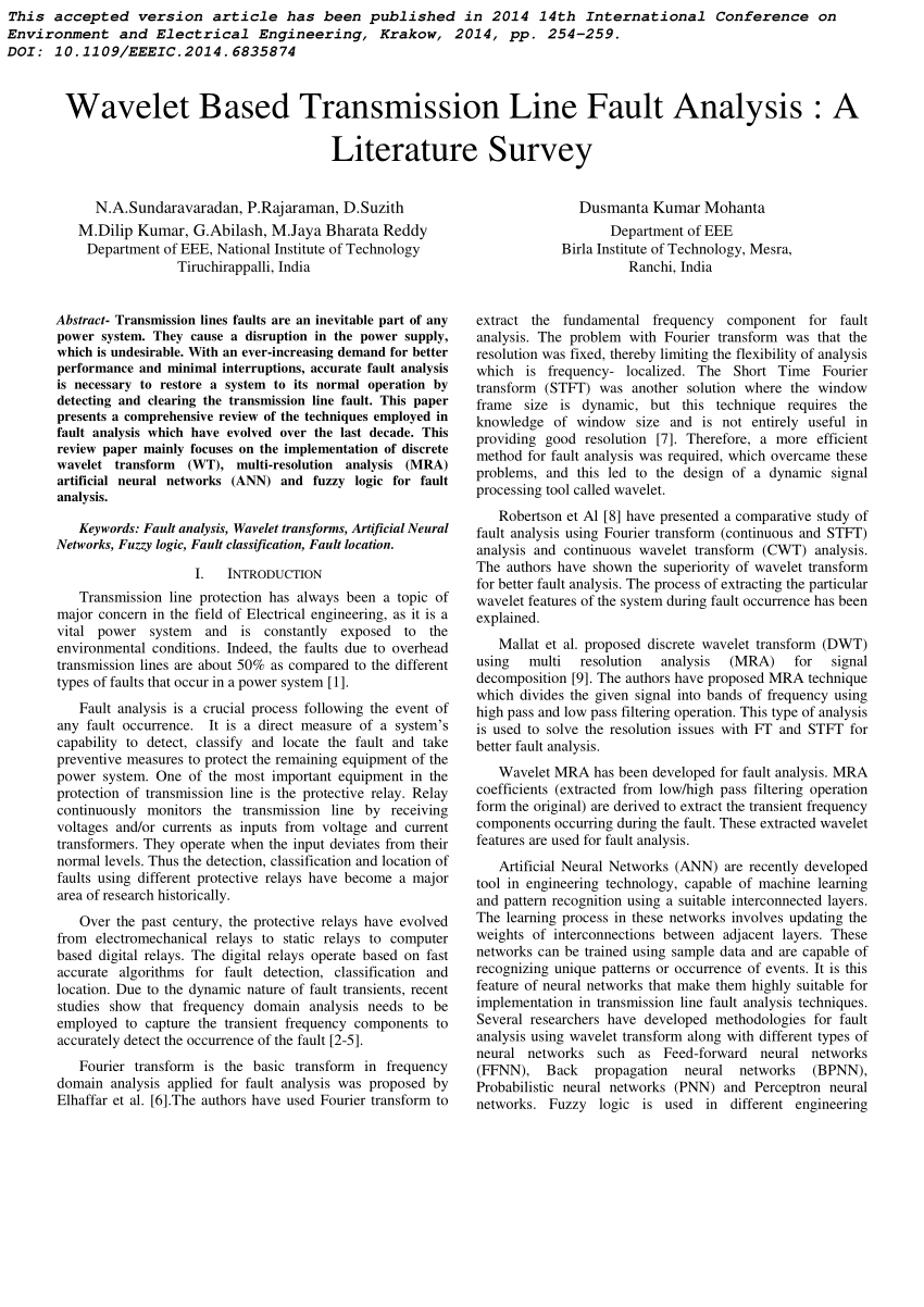 (PDF) Wavelet based transmission line fault analysis A literature survey