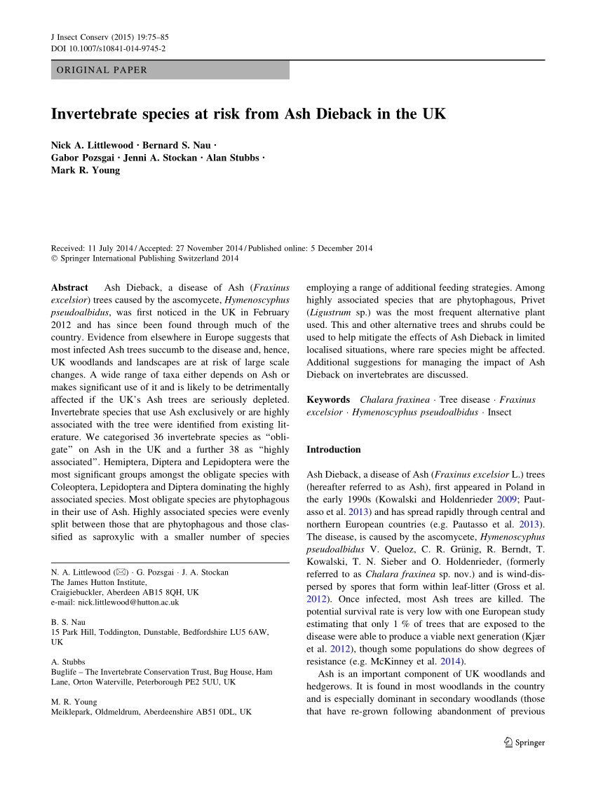 (PDF) Invertebrate species at risk from Ash Dieback in the UK