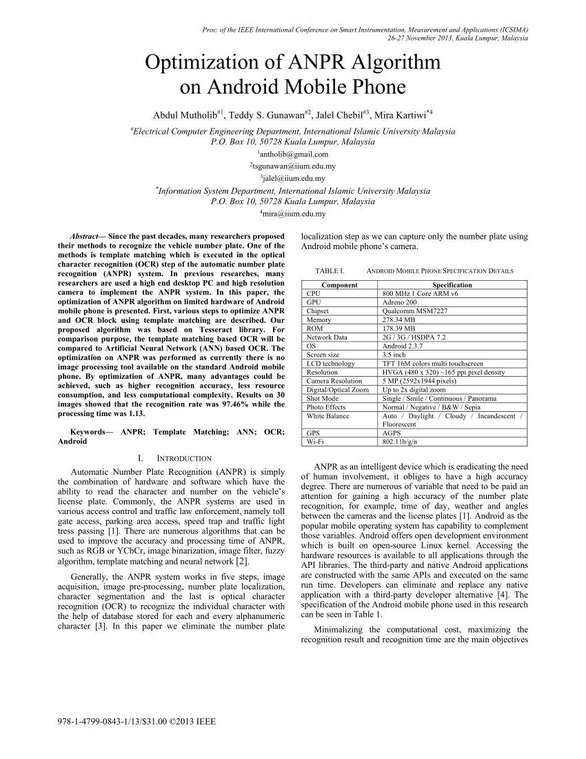 Pdf Optimization Of Anpr Algorithm On Android Mobile Phone