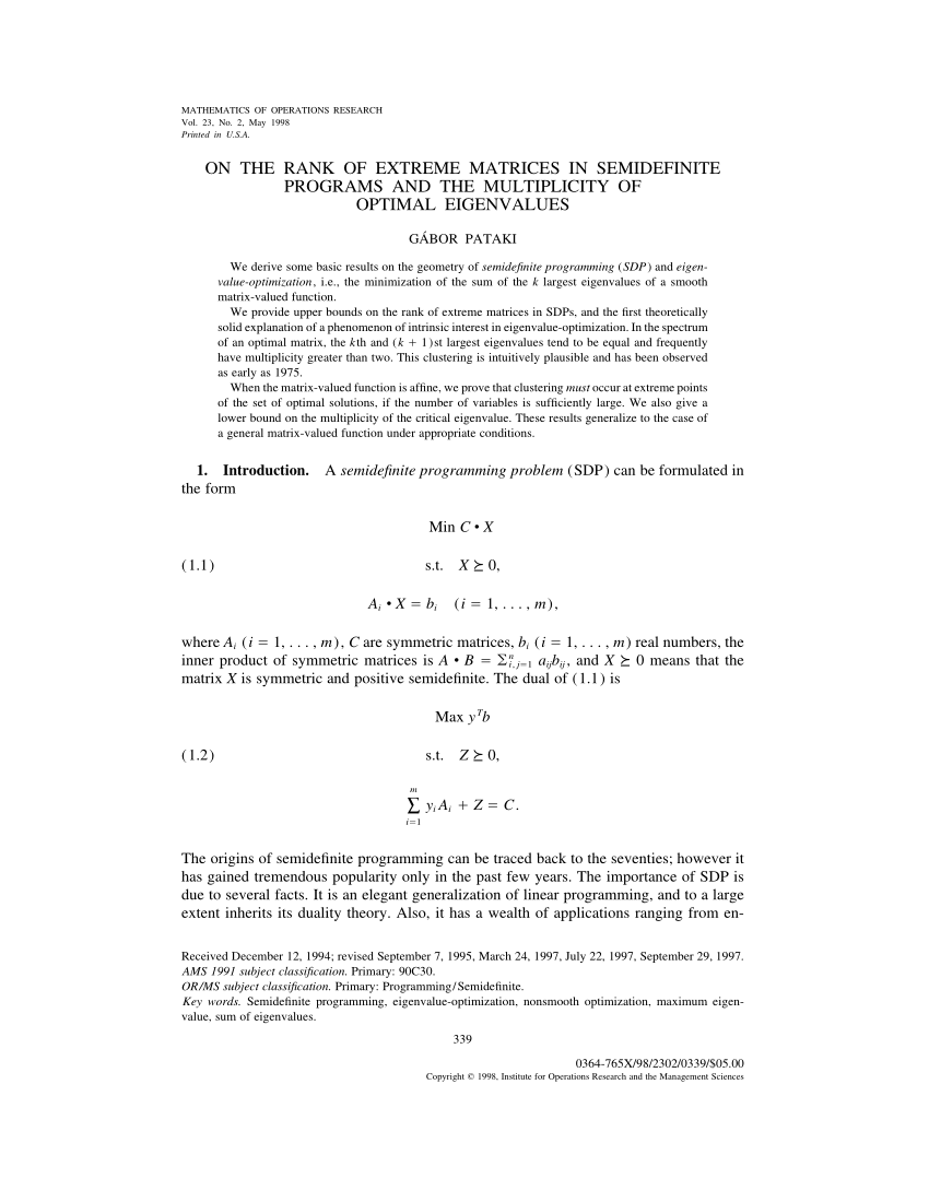 Pdf On The Rank Of Extreme Matrices In Semidefinite Programs And The Multiplicity Of Optimal Eigenvalues