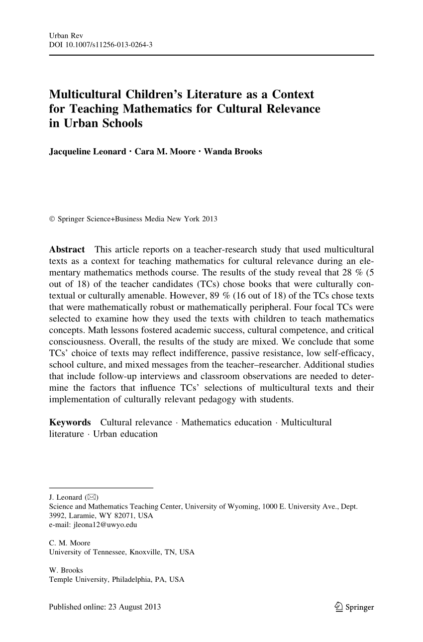 Pdf Multicultural Children S Literature As A Context For Teaching Mathematics For Cultural Relevance In Urban Schools