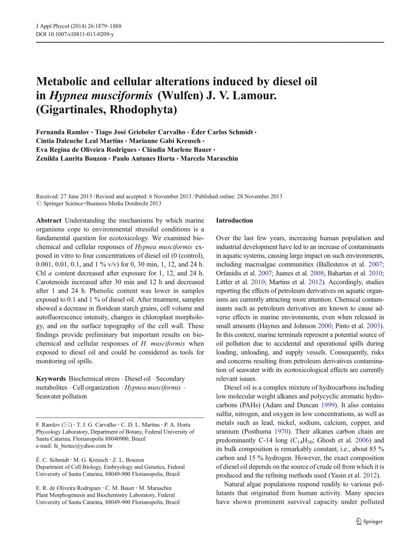 Pdf Metabolic And Cellular Alterations Induced By Diesel Oil In Hypnea Musciformis Wulfen J V Lamour Gigartinales Rhodophyta
