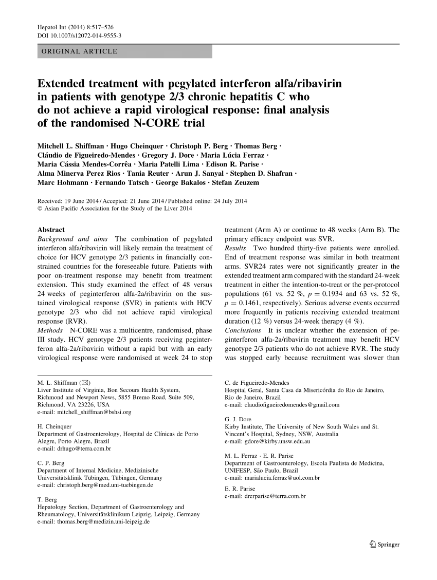 Pdf Extended Treatment With Pegylated Interferon Alfa Ribavirin In Patients With Genotype 2 3 Chronic Hepatitis C Who Do Not Achieve A Rapid Virological Response Final Analysis Of The Randomised N Core Trial