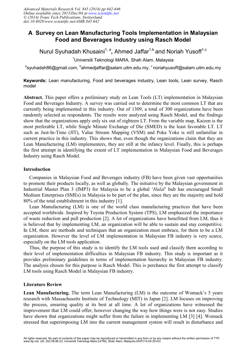 Pdf A Survey On Lean Manufacturing Tools Implementation In Malaysian Food And Beverages Industry Using Rasch Model