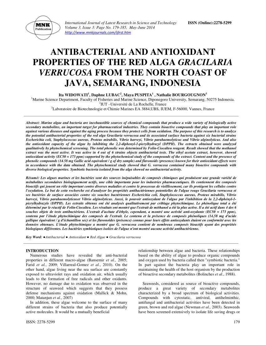 Pdf Antibacterial And Antioxidant Properties Of The Red Alga Gracilaria Verrucosa From The North Coast Of Java Semarang Indonesia