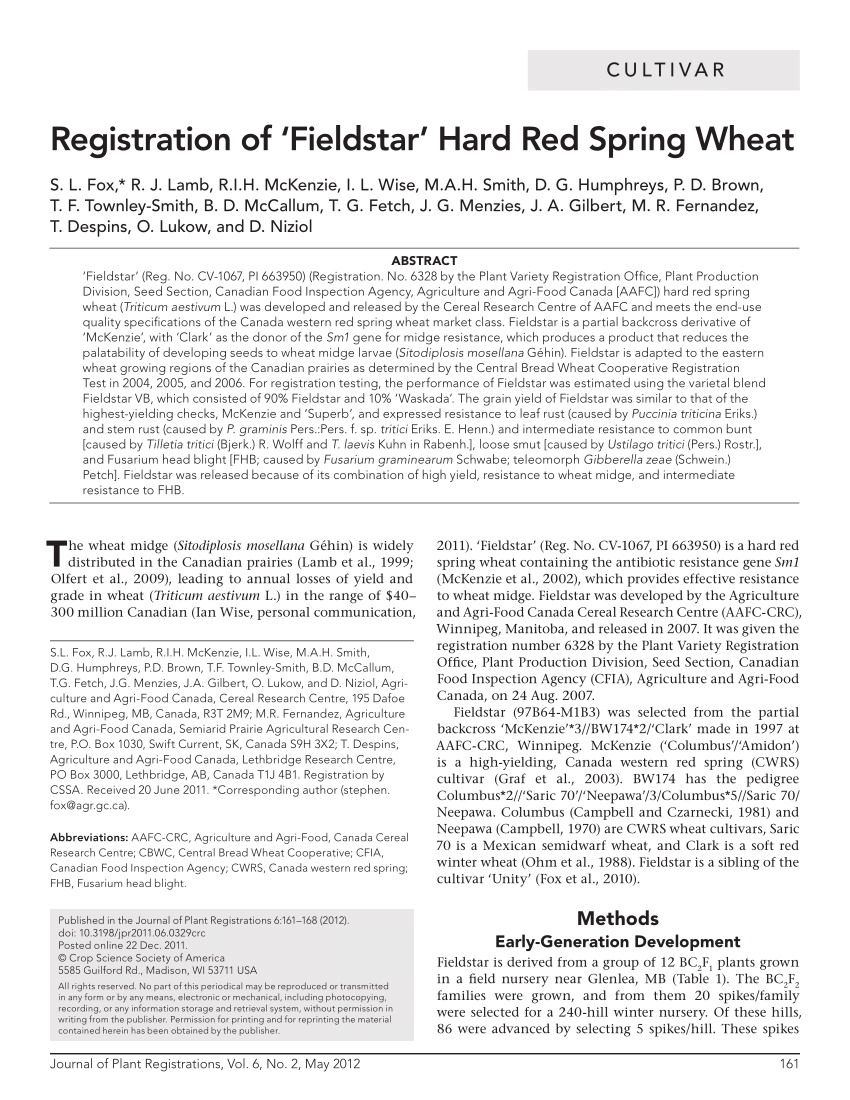 Pdf Registration Of Fieldstar Hard Red Spring Wheat