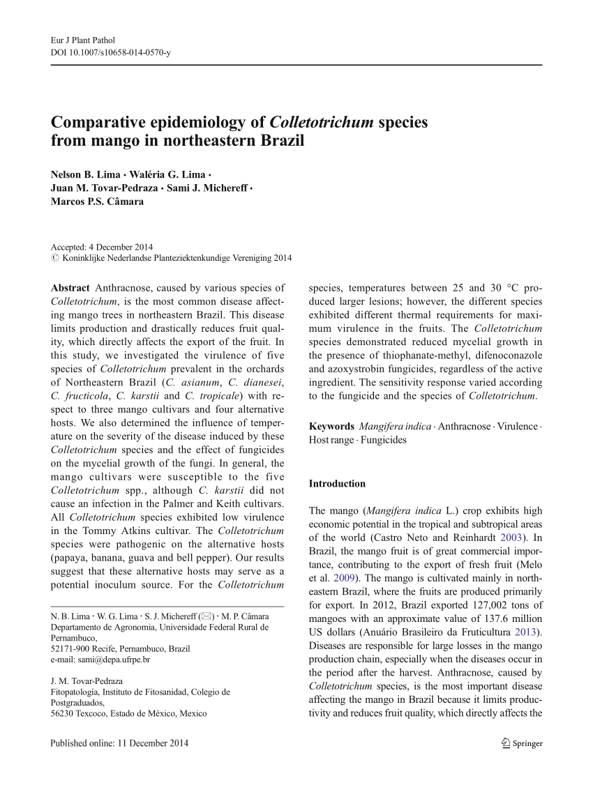 Pdf Comparative Epidemiology Of Colletotrichum Species From Mango In Northeastern Brazil