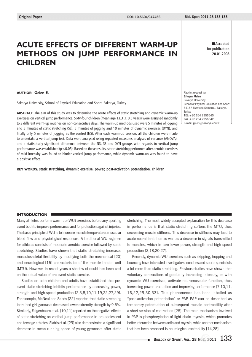 Pdf Acute Effects Of Different Warm Up Methods On Jump Performance In Children