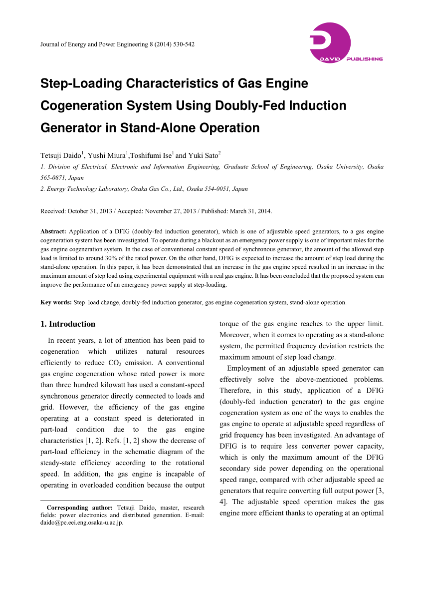 Pdf Step Loading Characteristics Of Gas Engine Cogeneration System Using Doubly Fed Induction Generator In Stand Alone Operation