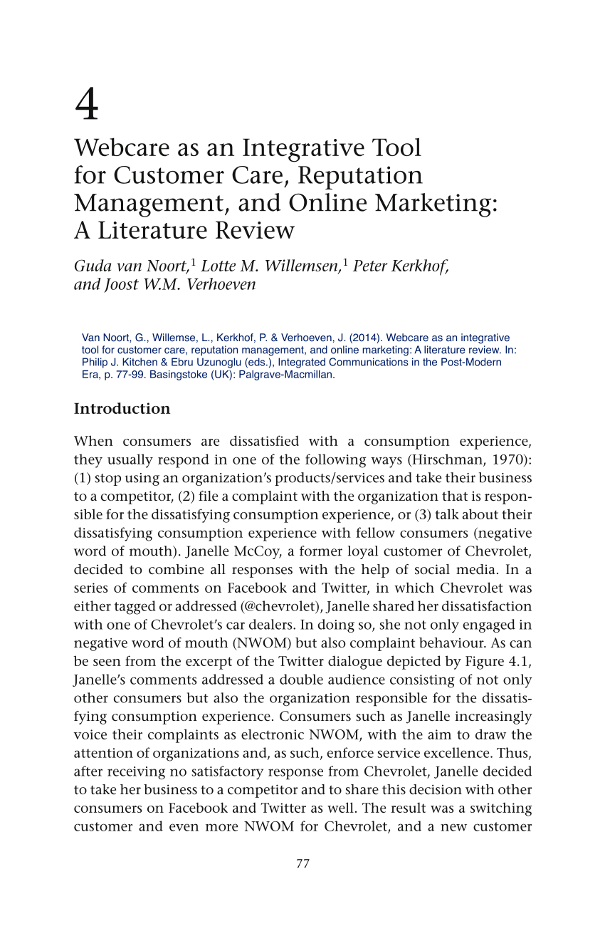 Pdf Webcare As An Integrative Tool For Customer Care Reputation Management And Online Marketing A Literature Review