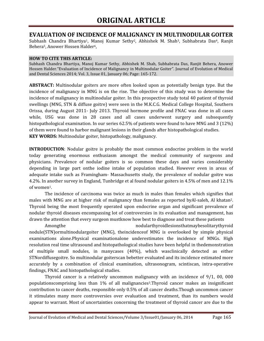 Pdf Evaluation Of Incidence Of Malignancy In Multinodular Goiter