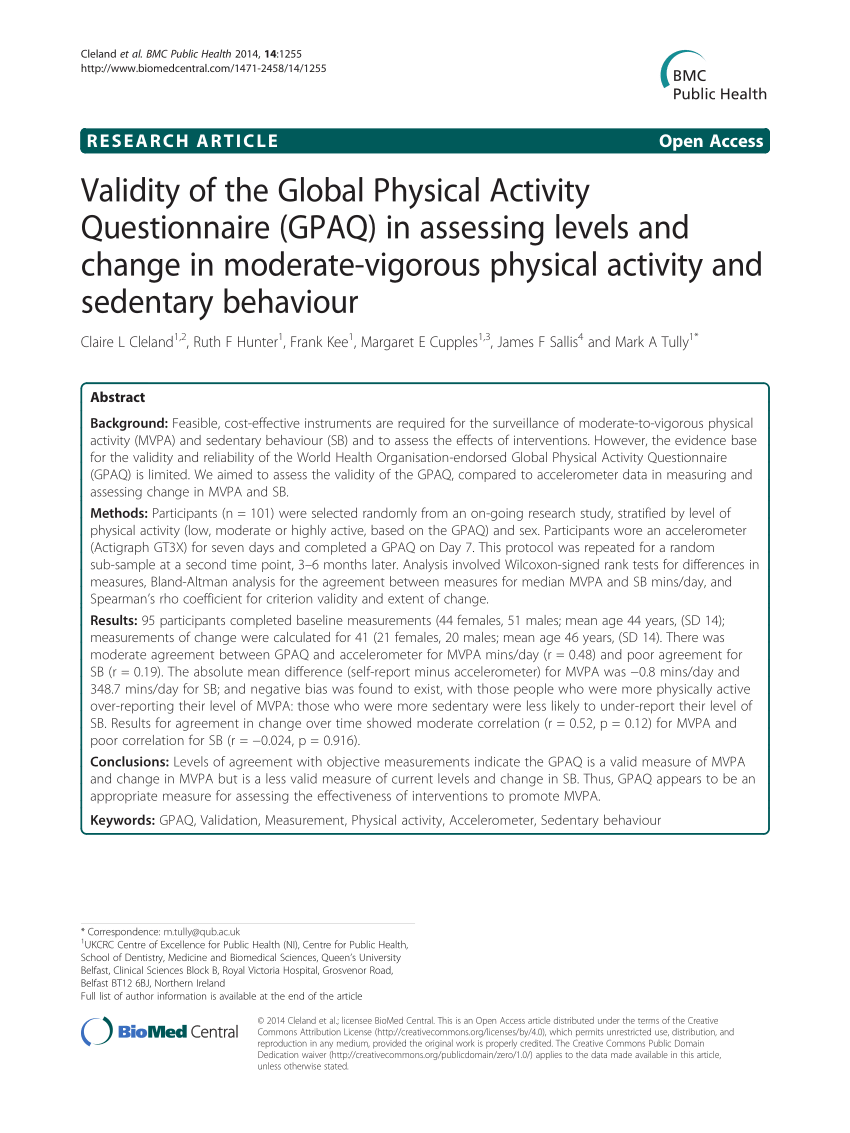 PDF) Validity of the Global Physical Activity Questionnaire (GPAQ 