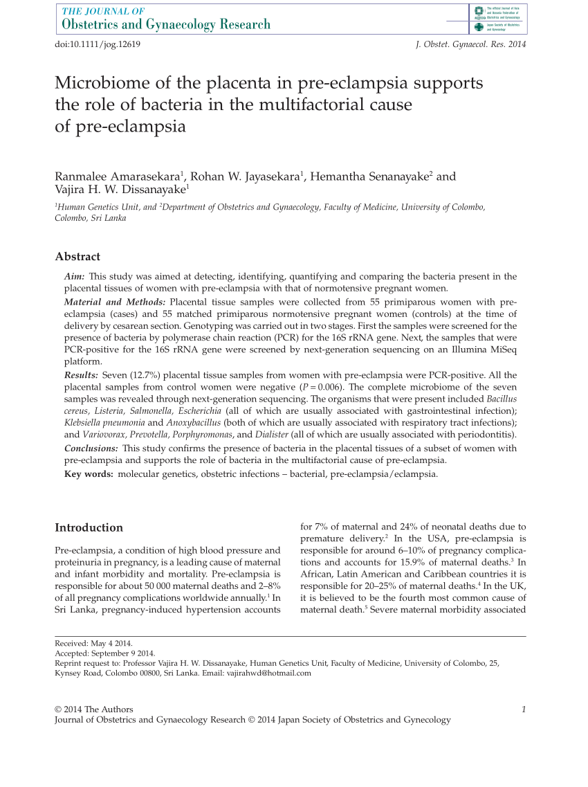 PDF) Microbiome of the placenta in pre-eclampsia supports the role