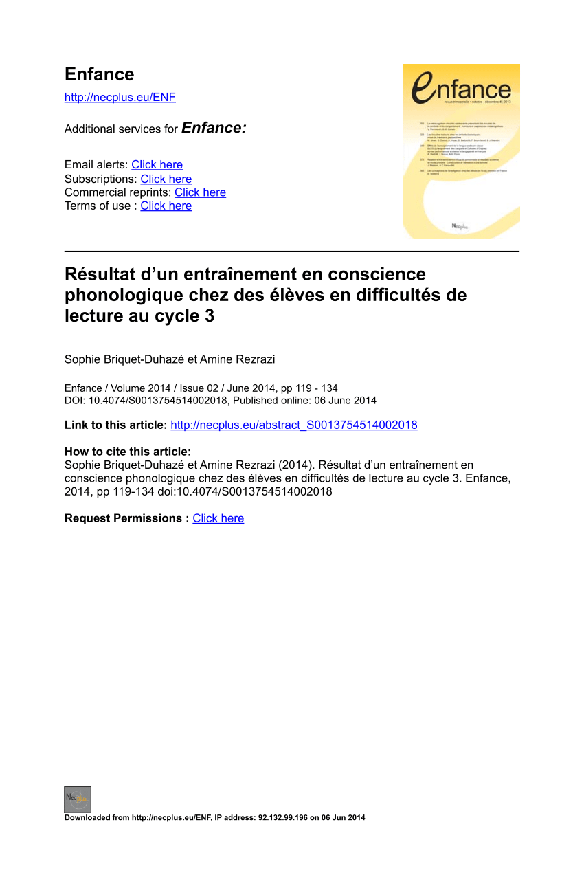 Pdf Resultat D Un Entrainement En Conscience Phonologique Chez Des Eleves En Difficultes De Lecture Au Cycle 3