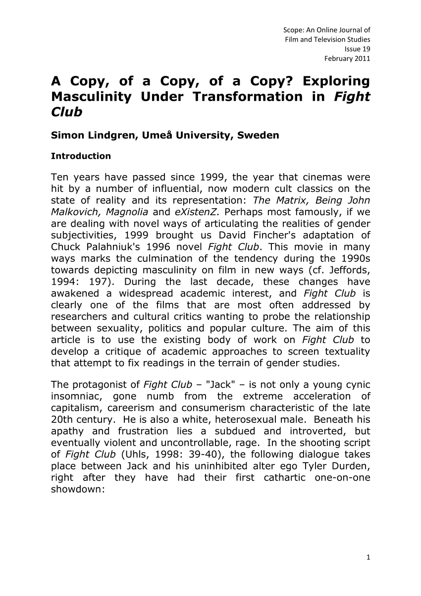 PDF) A copy, of a copy, of a copy? Exploring masculinity under  transformation in Fight Club