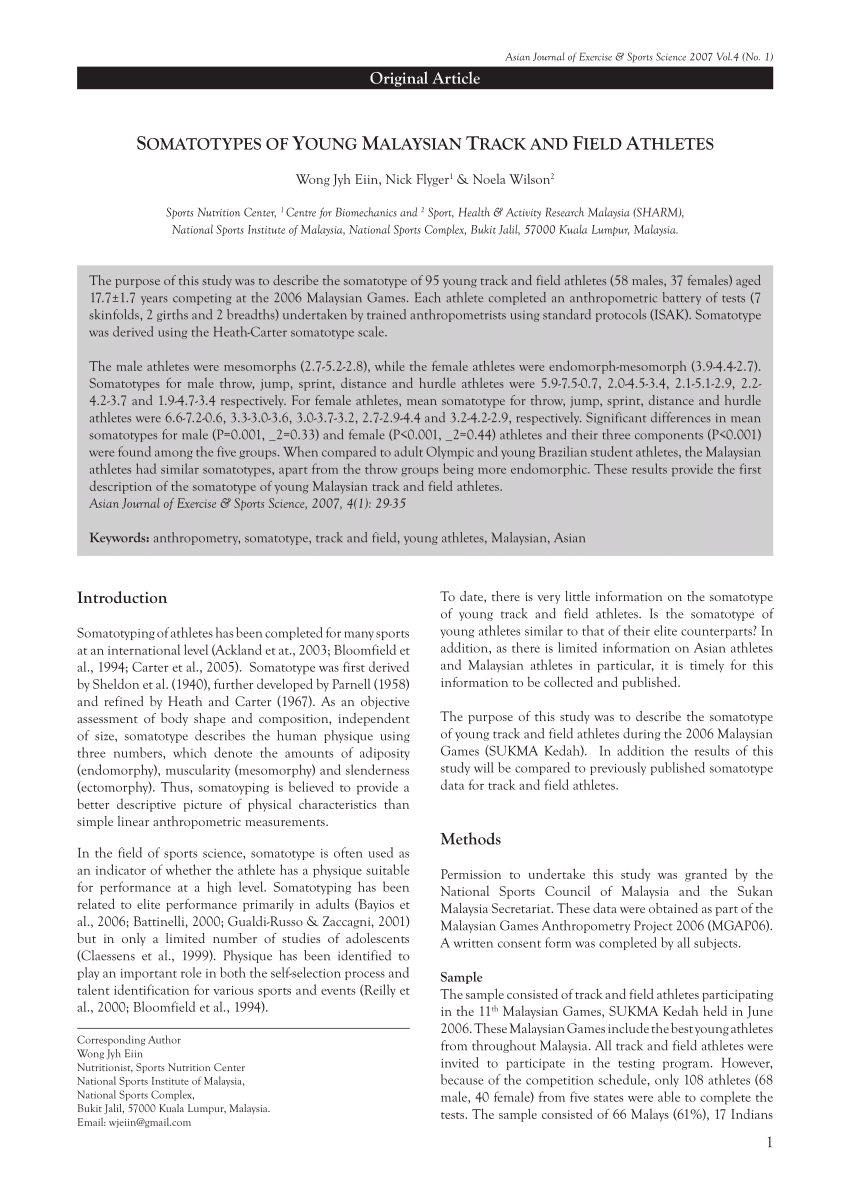 Pdf Somatotypes Of Young Malaysian Track And Field Athletes