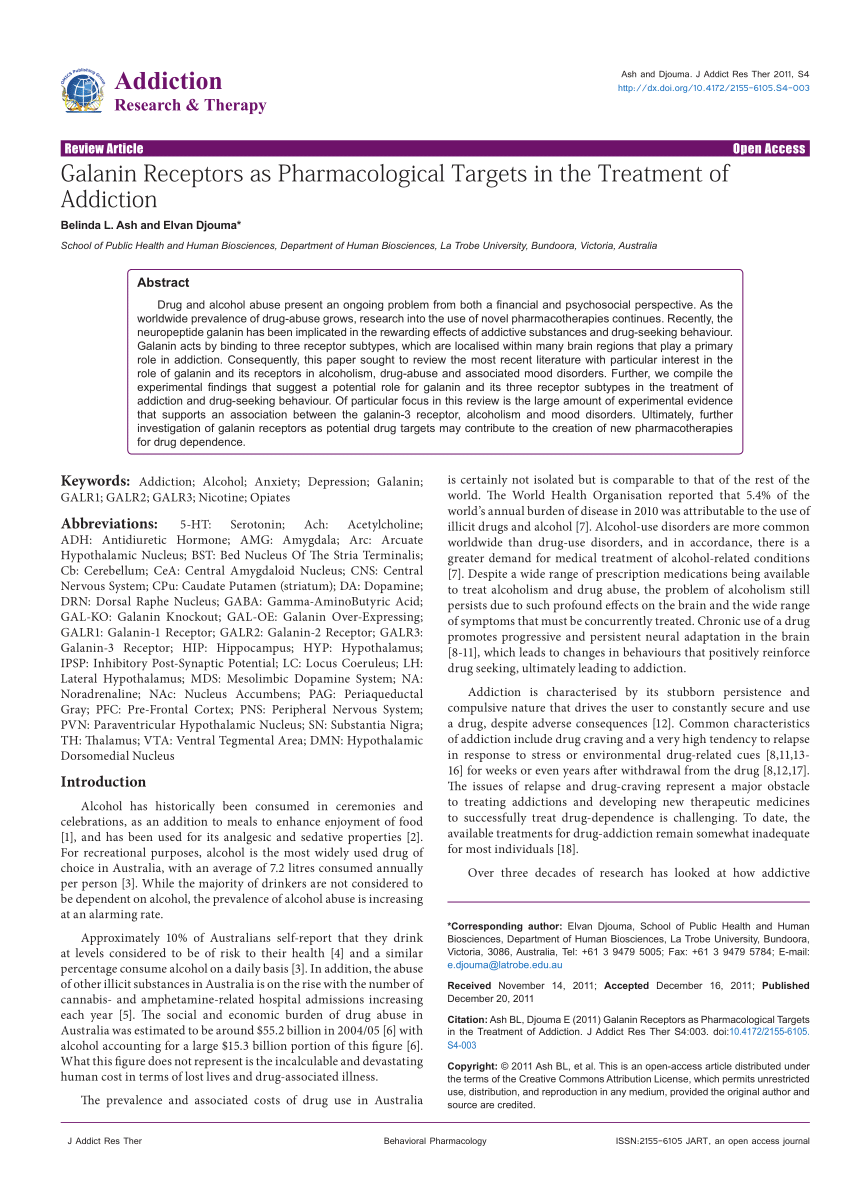 Pdf Galanin Receptors As Pharmacological Targets In The Treatment Of Addiction