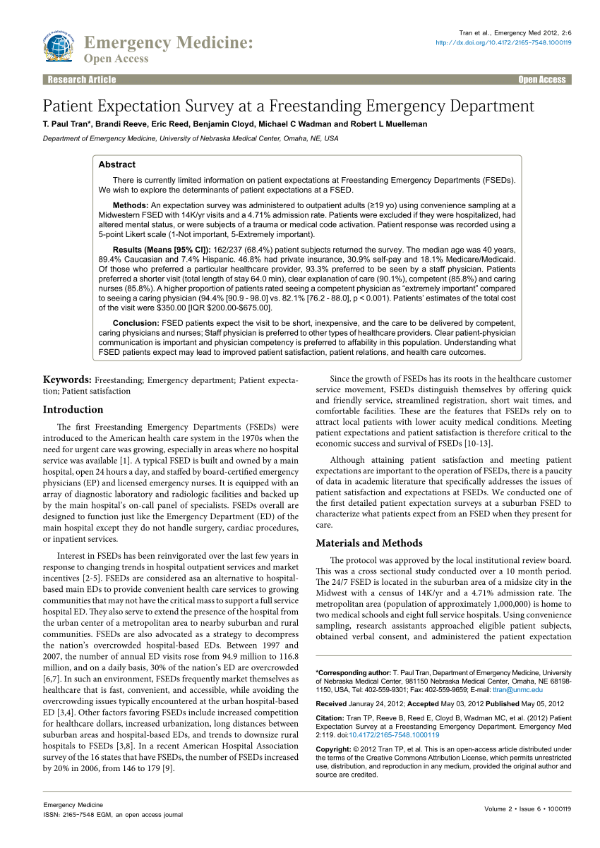 Pdf Patient Expectation Survey At A Freestanding Emergency