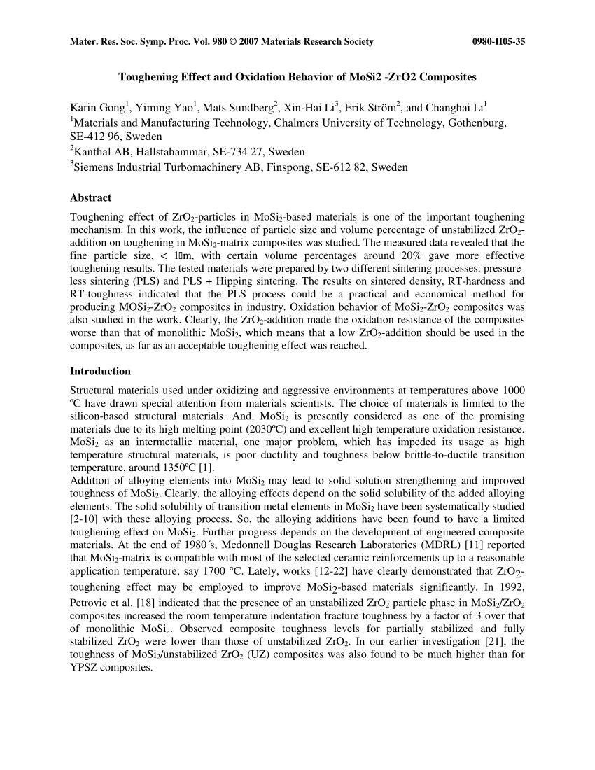 Pdf Toughening Effect And Oxidation Behaviour Of Mosi2 Zro2